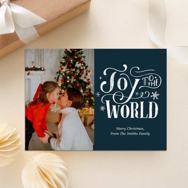 Joy to the World Blue Calligraphy Photo Modern Holiday Card (Creator Uploaded)