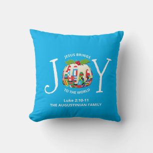 JOY TO THE WORLD Blue Christian Christmas Throw Pillow