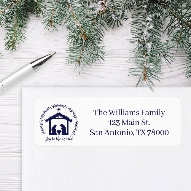 Joy to the World Blue Nativité Retourner l'adresse (Nativity Return Address Sticker)