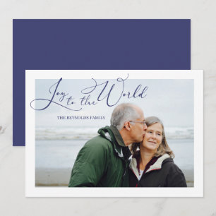 Joy to the World Blue Photo Christmas Carte