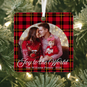 joy to the world, buffalo plaid arch family photo  metal ornament