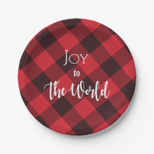 Joy To The World Buffalo Plaid Christmas Paper Plate