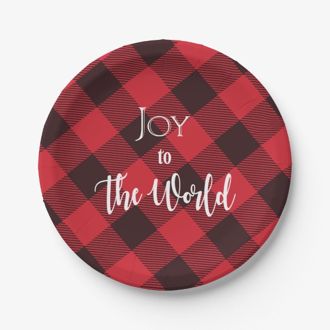 Joy To The World Buffalo Plaid Christmas Paper Plate (Front)