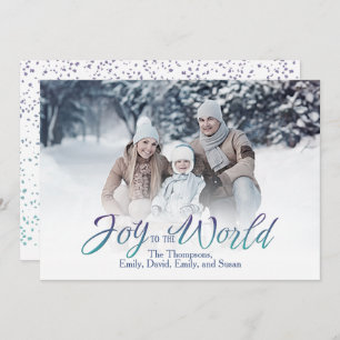 Joy to the World Calligraphy Script Blue 1 Photo Holiday Card