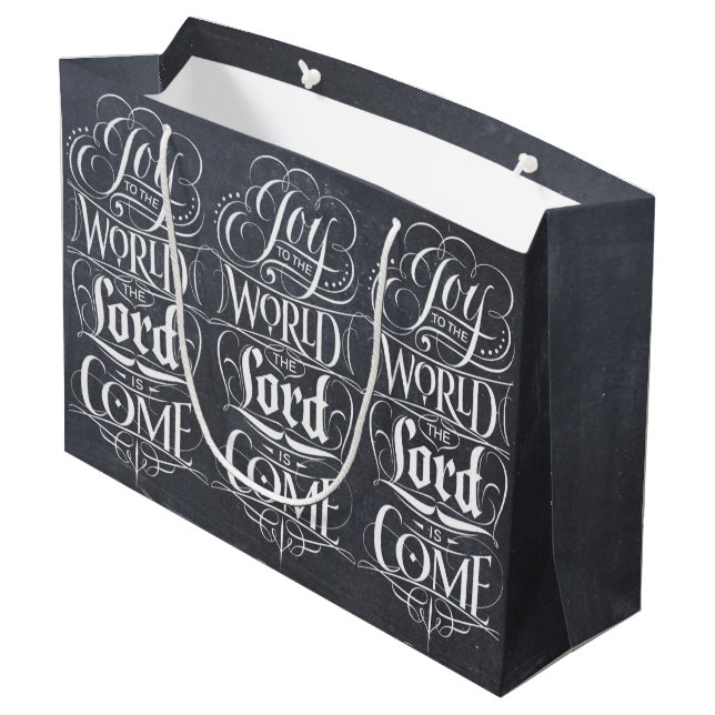 Joy to the World Chalkboard Religious Calligraphy Large Gift Bag (Back Angled)