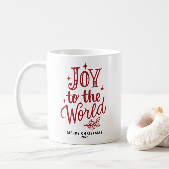 Joy to the World Christmas Lettering Red Coffee Mug (With Donut)