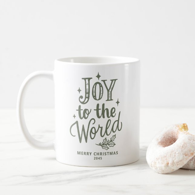 Joy to the World Christmas Lettering Taupe Green Coffee Mug (With Donut)