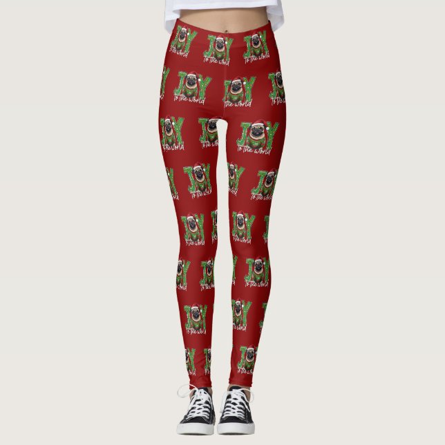 Joy To The World Christmas Pug Santa Leggings (Front)