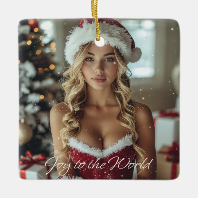JOY TO THE WORLD - Christmas Santa Girl Ceramic Ornament (Front)