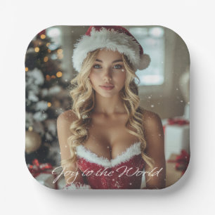 JOY TO THE WORLD - Christmas Santa Girl Paper Plate