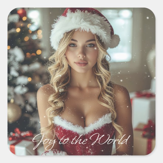 JOY TO THE WORLD - Christmas Santa Girl Square Sticker (Front)