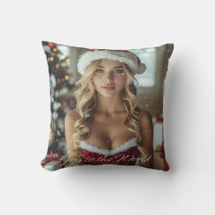 JOY TO THE WORLD - Christmas Santa Girl Throw Pillow