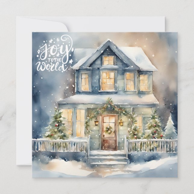 Joy to the World Christmas Snowy Night House  Holiday Card (Front)