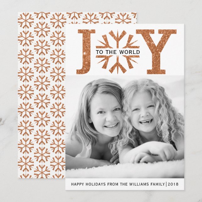 Joy to the world copper snowflake Christmas Holiday Card (Front/Back)
