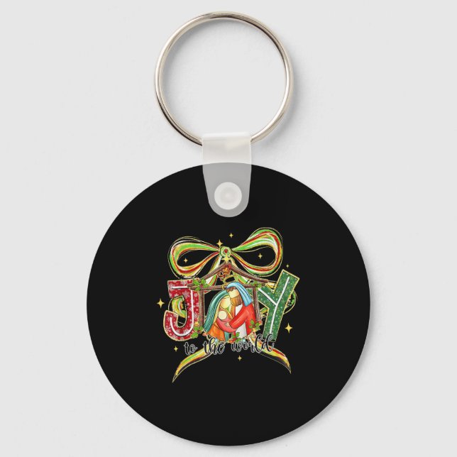 Joy To The World Coquette Bow Christmas Nativity C Keychain (Front)
