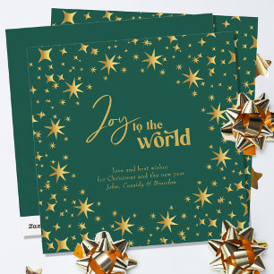 Joy to the World Elegant Green and Gold Stars Holiday Card