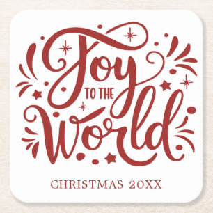Joy to the World Elegant Red Script Christian Square Paper Coaster