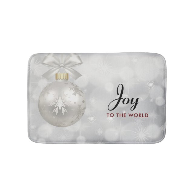 Joy to the World Elegant Silver Christmas Ball Bath Mat (Front)