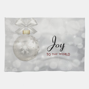 Joy to the World Elegant Silver Christmas Ball Kitchen Towel