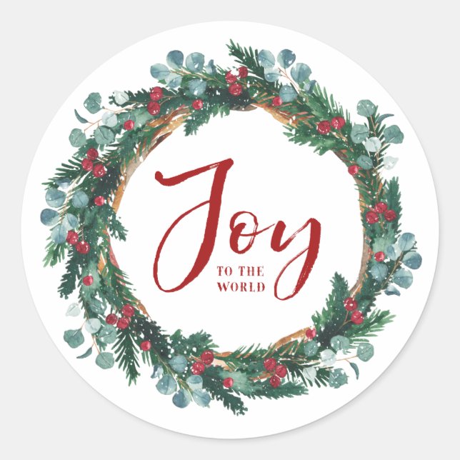 Joy to the World Evergreen Wreath Christmas Classic Round Sticker (Front)