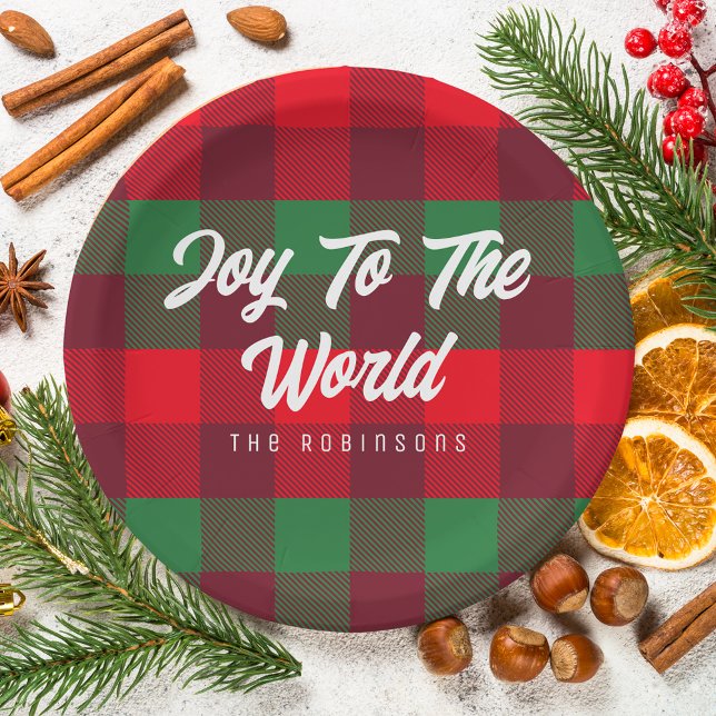 Joy To The World Family Christmas Buffalo Plaid Paper Plate (Creator Uploaded)