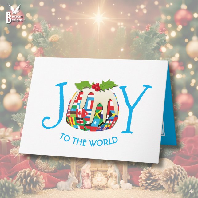 JOY TO THE WORLD Festive Pudding Card (Stylish JOY TO THE WORLD Christian Christmas Pudding card w/ customizable text and world flags)