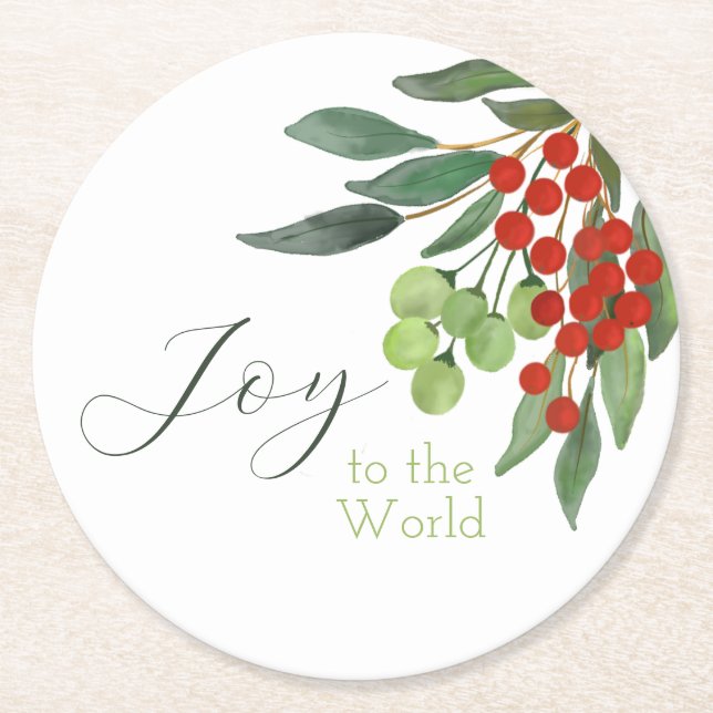 Joy to the World Festive Red Holly berry Christmas Round Paper Coaster (Front)