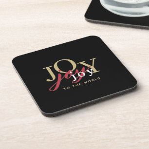 Joy to the World Festive Typography Black Coaster