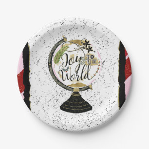 Joy to the World Global Holiday Pink & Red Party Paper Plate
