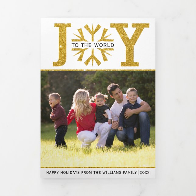 Joy to the world gold glitter snowflake Christmas Tri-Fold Holiday Card (Cover)