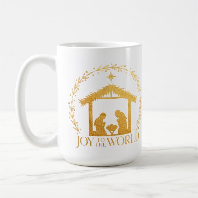 Joy to the World Gold Nativity Christmas Coffee Mug (Left)