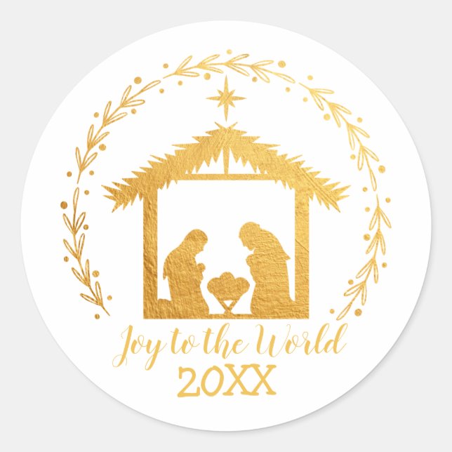 Joy to the World Gold Nativity Classic Round Stick Classic Round Sticker (Front)