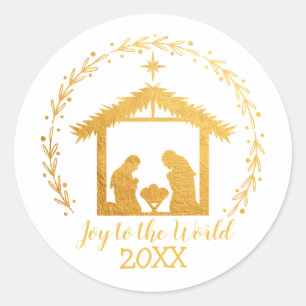 Joy to the World Gold Nativity Classic Round Stick Sticker
