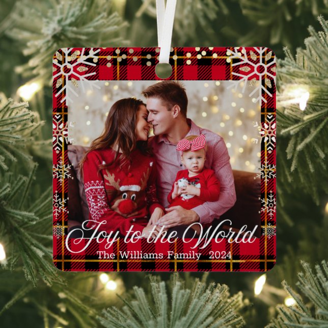 joy to the world,gold snowflakes red family photo  metal ornament (Insitu)