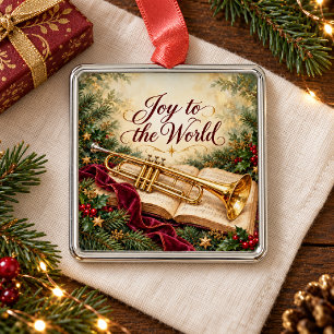Joy to the World Golden Trumpet & Hymnbook Metal Ornament