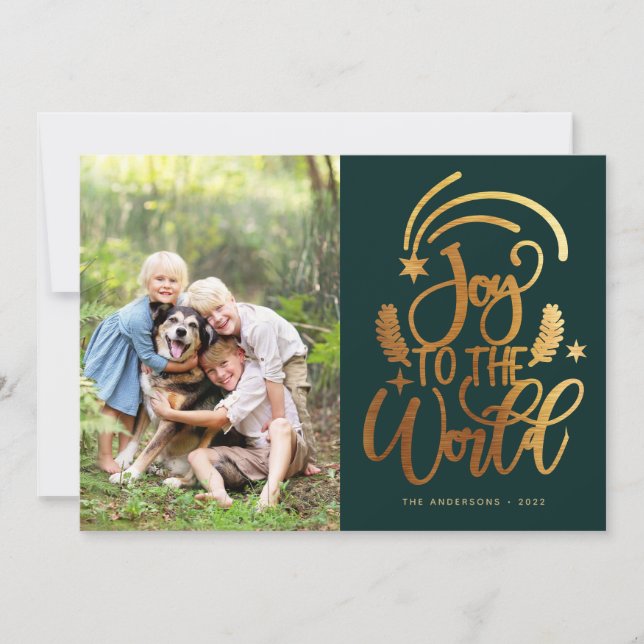 Joy to the World Green Gold Photo Christmas  Holiday Card (Front)