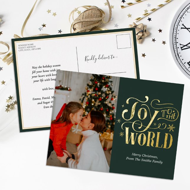 Joy to the World Green Gold Script Photo Modern Foil Holiday Postcard (Creator Uploaded)