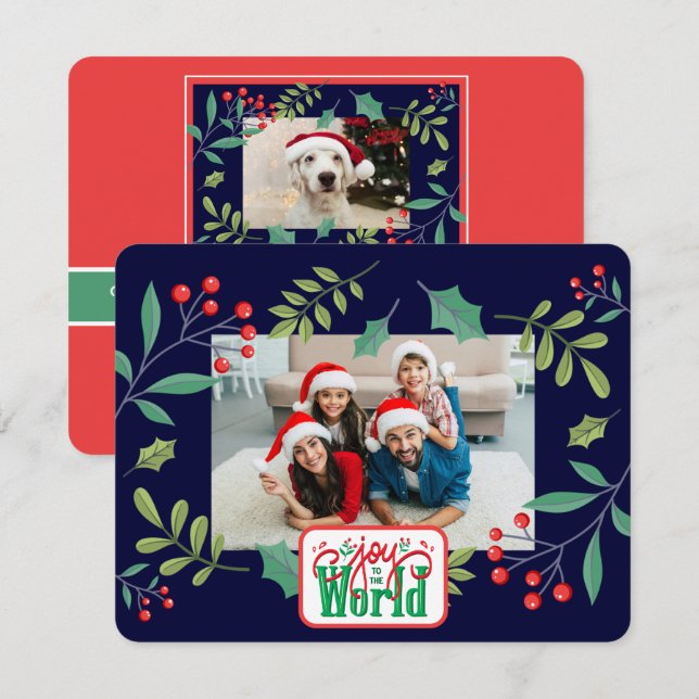 Joy to the World Holly Berry (add your photos) Holiday Card (Front/Back)