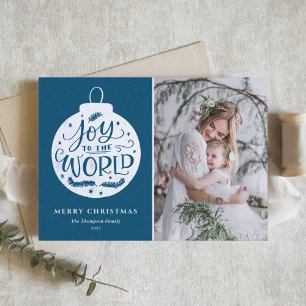Joy To The World Lettering Blue Christmas Photo Holiday Card