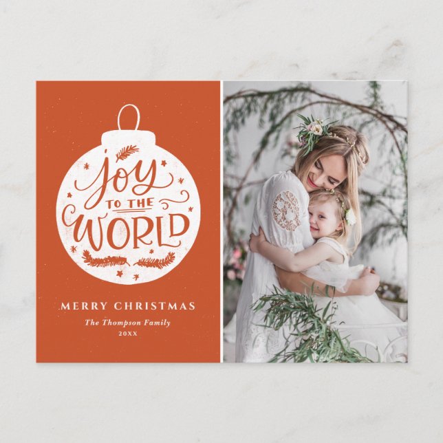 Joy To The World Lettering Orange Christmas Photo Holiday Postcard (Front)