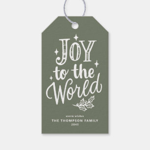 Joy to the World Lettering Taupe Green Christmas Gift Tags