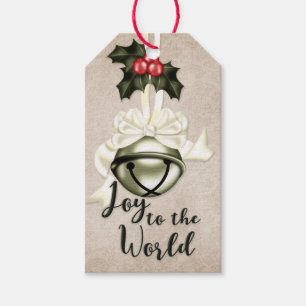 Joy to the World Light Green Bell with Cream Bow Gift Tags