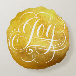 Joy to the World Luxury Gold Faux Foil Calligraphy Round Pillow