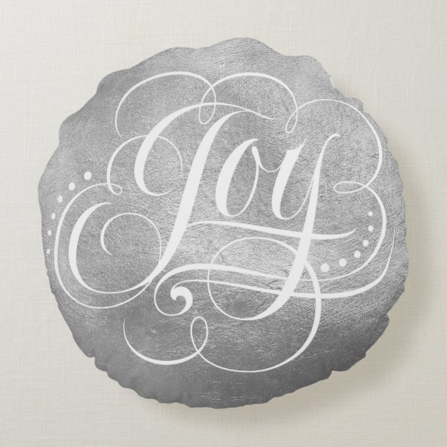 Joy to the World Luxury Silver Christmas Script Round Pillow (Back)