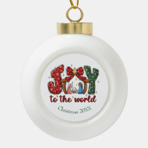 Joy to the World Manger Scene Christian Religious Ceramic Ball Christmas Ornament