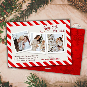 Joy to the world modern 3 family photos cute red holiday card