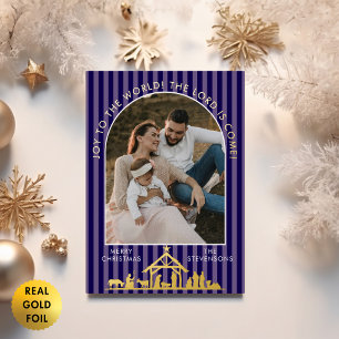 Joy To The World Navy Nativity Christmas Photo Foil Holiday Card
