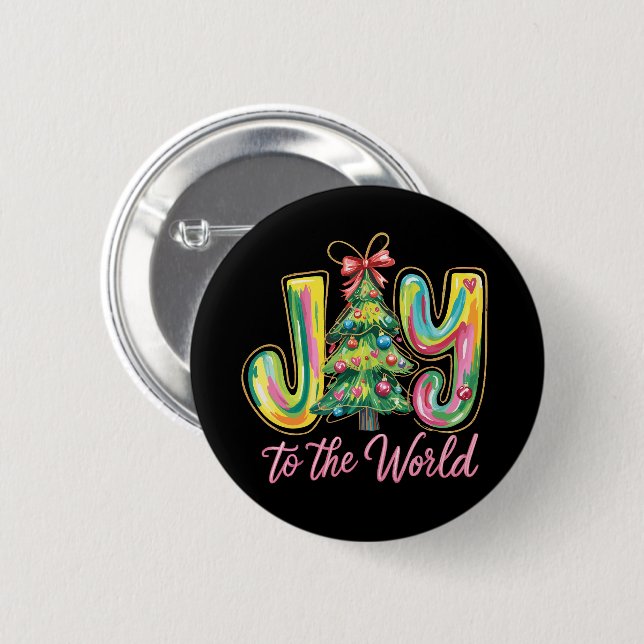 Joy To The World Neon Christmas Tree Brushstroke  2 Inch Round Button (Front & Back)