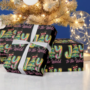 Joy To The World Neon Christmas Tree Brushstroke  Wrapping Paper