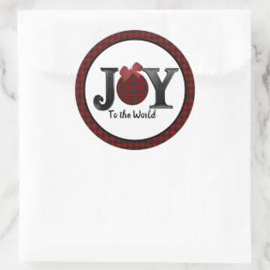 Joy to the world plaid christmas classic round sticker